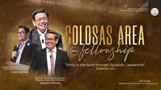 Believers gathered at the Colosas Area Fellowship listening to teachings on apostolic leadership, featuring keynote speaker Jonathan S. Ferriol alongside Samuel Ferriol, in an atmosphere of unity, worship, and spiritual fellowship.