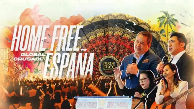 A large Christian crusade event in Madrid, Spain, featuring a stage with performers and a preacher addressing a diverse crowd, with worship music, dancing, and attendees raising their hands in praise.