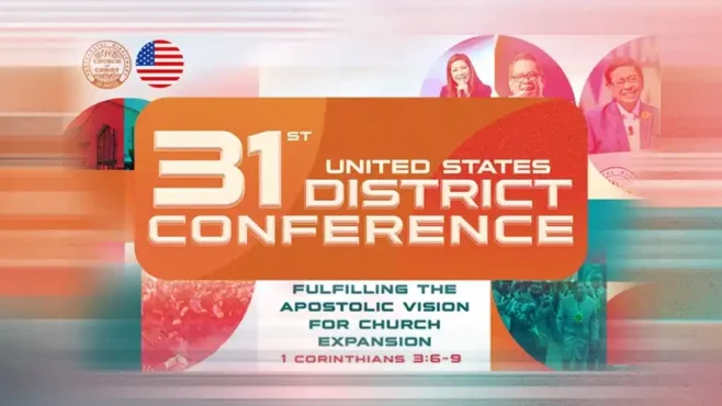 A large church conference in the United States with thousands of attendees gathered in a worship hall, featuring a stage with speakers, choir performances, flag procession, and participants engaged in praise, teaching sessions, and fellowship.