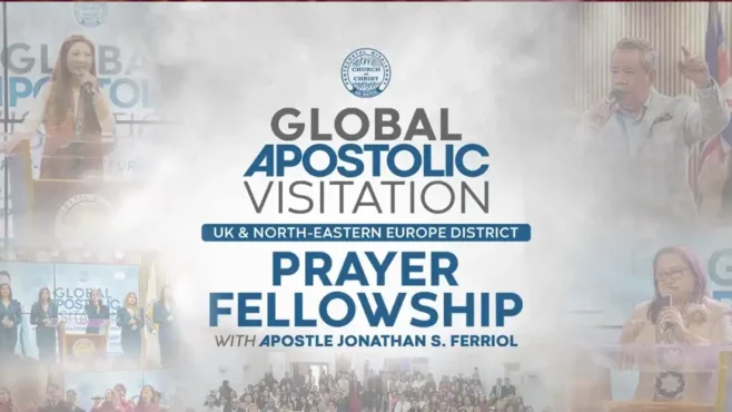 A congregation gathered inside a church in London during a prayer fellowship, with a preacher leading a powerful message and attendees raising their hands in worship and prayer.