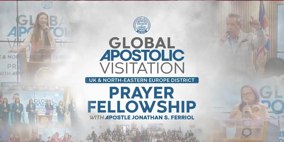 A congregation gathered inside a church in London during a prayer fellowship, with a preacher leading a powerful message and attendees raising their hands in worship and prayer.