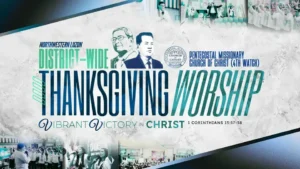 A teal and white church event banner for a “District-Wide Thanksgiving Worship” in Northwestern Luzon, featuring two illustrated leaders, a church logo, and photos of a congregation worshipping, with the theme “Vibrant Victory in Christ” and a Bible reference from 1 Corinthians 15:57–58.