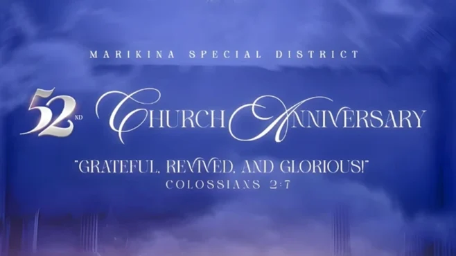 Blue-themed banner for the 52nd Church Anniversary of Marikina Special District with the theme ‘Grateful, Revived, and Glorious!’ and a Bible verse from Colossians 2:7.